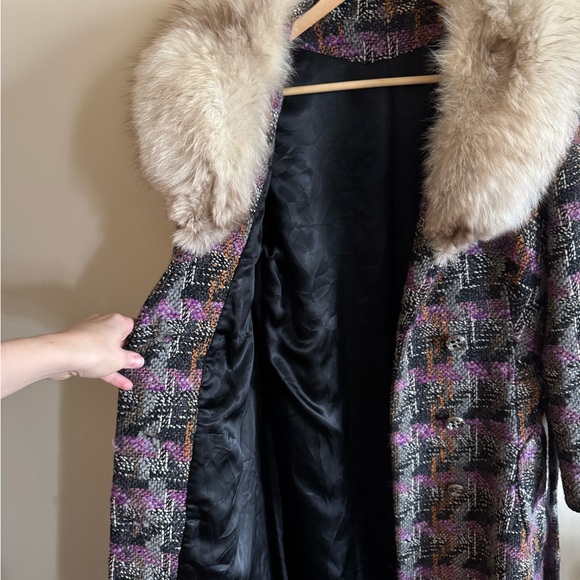Vintage Wool Multicolor Pea Coat with Fur Collar - Picture 2 of 5